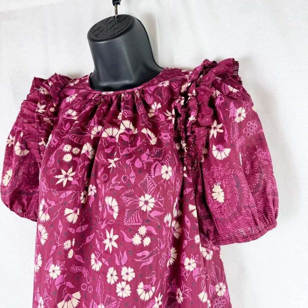 Ulla Johnson Arbor Red Embroidered Floral Puff Sleeve Cotton Top Size 0